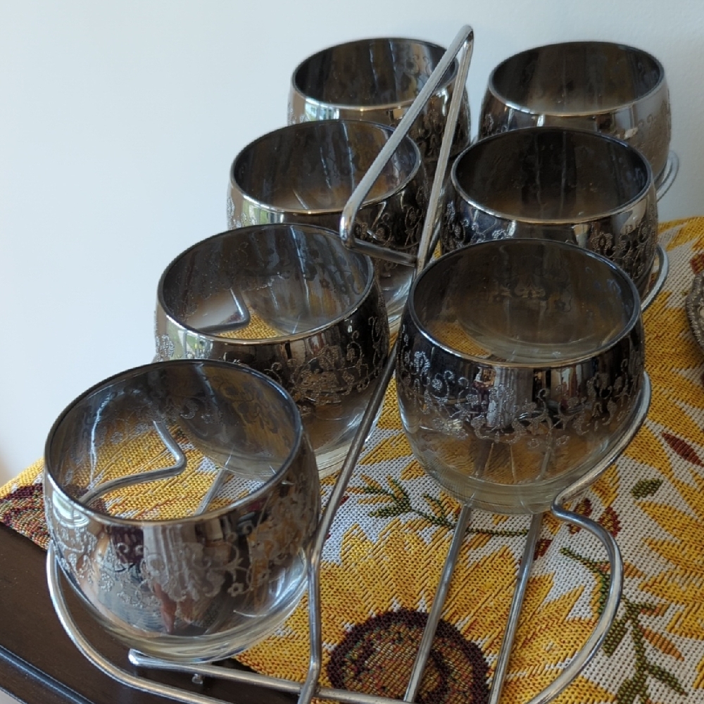 Vintage Silver Floral Etched Glass Set with Holder